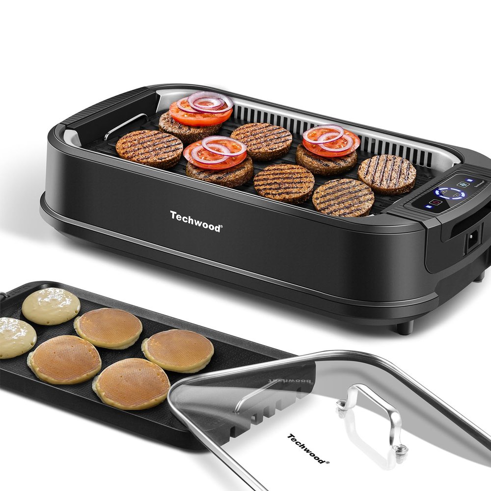 Indoor Smokeless Grill, Techwood 1500W Electric Indoor Grill with Tempered Glass Lid, Portable Non-stick BBQ Korean, Turbo Smoke Extractor Technology, Drip Tray& Double Removable Plate, Black