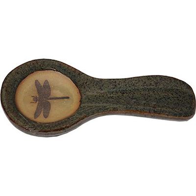 ALWAYS AZUL POTTERY 9.5 Inch Long Spoon Rest in Dragonfly Design and Seamist Glaze - Handmade Pottery Cookware Accessories - Kitchen Countertop Holder for Giant Spatula, Ladle & More