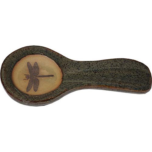 ALWAYS AZUL POTTERY 9.5 Inch Long Spoon Rest in Dragonfly Design and Seamist Glaze - Handmade Pottery Cookware Accessories - Kitchen Countertop Holder for Giant Spatula, Ladle & More