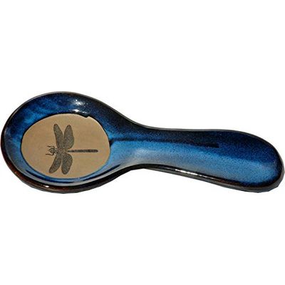 ALWAYS AZUL POTTERY 9.5 Inch Long Spoon Rest in Dragonfly Design and Garcia Blue Glaze - Handmade Pottery Cookware Accessories - Kitchen Countertop Holder for Giant Spatula, Ladle & More