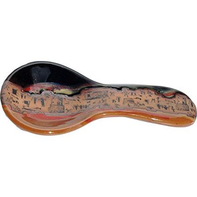 ALWAYS AZUL POTTERY 9.5 Inch Long Spoon Rest in Ruins Design and Azulscape Glaze - Handmade Pottery Cookware Accessories - Kitchen Countertop Holder for Giant Spatula, Ladle & More