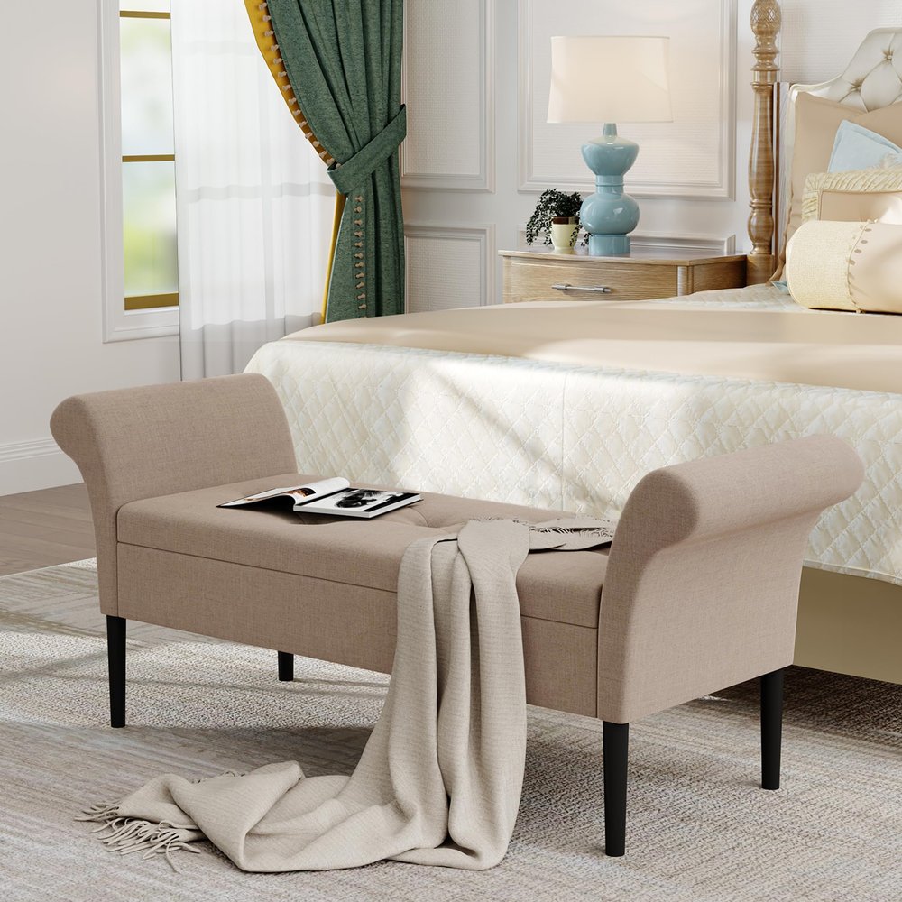 Awonde Storage Ottoman Bench with Arms Linen Upholstered Tufted Storage Benches for Bedroom Entryway Living Room Tan