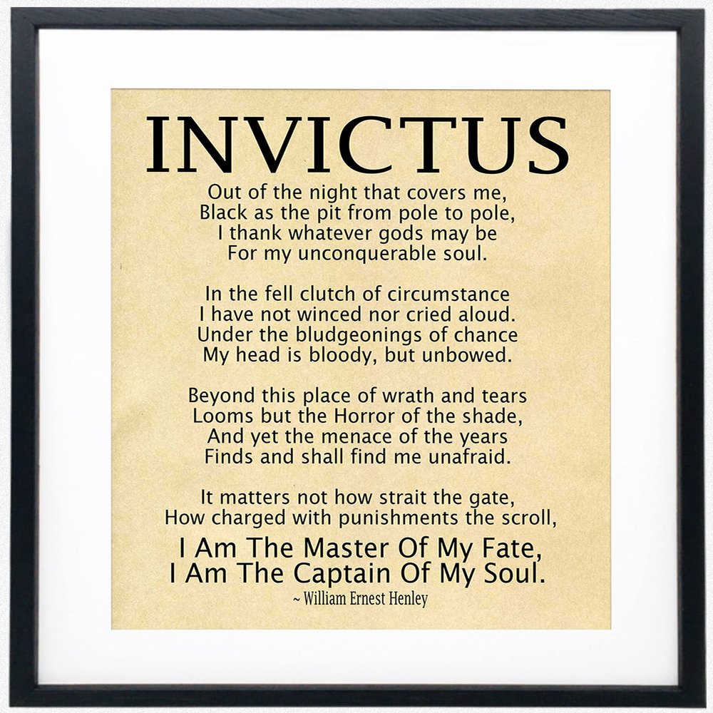 Invictus Poem Framed Art Print by William Ernest Henley / Invictus Inspirational Poem Quotes Home Decor, Motivational Gift Poster / Bedroom Poster / Home Office Positive Wall Art Framed Posters (8 x