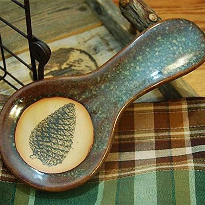 ALWAYS AZUL POTTERY 9.5 Inch Long Spoon Rest in Pinecone 3 Design and Seamist Glaze - Handmade Pottery Cookware Accessories - Kitchen Countertop Holder for Giant Spatula, Ladle & More