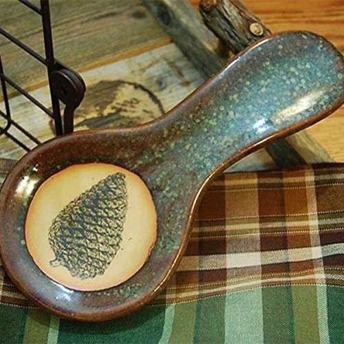 ALWAYS AZUL POTTERY 9.5 Inch Long Spoon Rest in Pinecone 3 Design and Seamist Glaze - Handmade Pottery Cookware Accessories - Kitchen Countertop Holder for Giant Spatula, Ladle & More