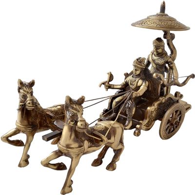 eSplanade Brass Krishna Arjuna Rath Chariot Horses Showpiece | Home Decor | Krishna Arjun Updesh | Gita Saransh (2 Horse Rath)