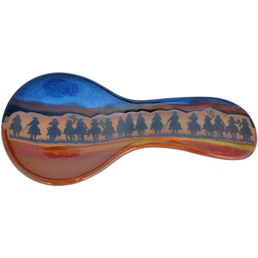 ALWAYS AZUL POTTERY 9.5 Inch Long Spoon Rest in Cowboy Roundup Design and Azulscape Glaze - Handmade Pottery Cookware Accessories - Kitchen Countertop Holder for Giant Spatula, Ladle & More