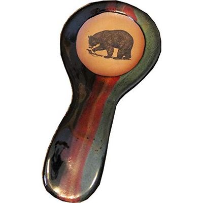 ALWAYS AZUL POTTERY 9.5 Inch Long Spoon Rest in Fishing Bear Design and Moonscape Glaze - Handmade Pottery Cookware Accessories - Kitchen Countertop Holder for Giant Spatula, Ladle & More