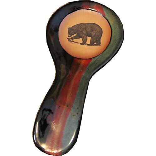 ALWAYS AZUL POTTERY 9.5 Inch Long Spoon Rest in Fishing Bear Design and Moonscape Glaze - Handmade Pottery Cookware Accessories - Kitchen Countertop Holder for Giant Spatula, Ladle & More