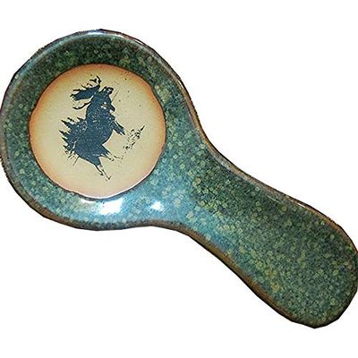 ALWAYS AZUL POTTERY 9.5 Inch Long Spoon Rest in Moose 3 Design and Seamist Glaze - Handmade Pottery Cookware Accessories - Kitchen Countertop Holder for Giant Spatula, Ladle & More
