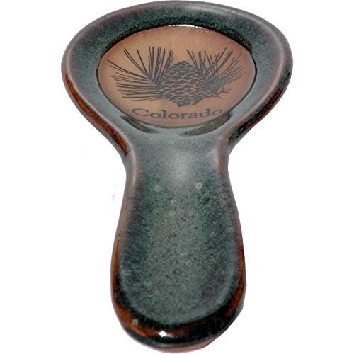 ALWAYS AZUL POTTERY 9.5 Inch Long Spoon Rest in Pinecone and Colorado Design and Seamist Glaze - Handmade Pottery Cookware Accessories - Kitchen Countertop Holder for Giant Spatula, Ladle & More