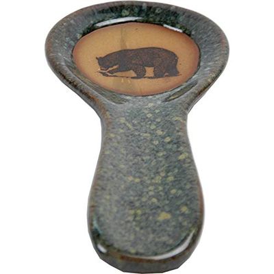 ALWAYS AZUL POTTERY 9.5 Inch Long Spoon Rest in Fishing Bear Design and Seamist Glaze - Handmade Pottery Cookware Accessories - Kitchen Countertop Holder for Giant Spatula, Ladle & More