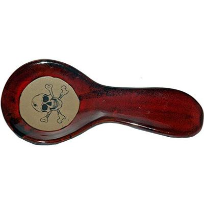ALWAYS AZUL POTTERY 9.5 Inch Long Spoon Rest in Skull and Crossbones Design and Real Red Glaze - Handmade Pottery Cookware Accessories - Kitchen Countertop Holder for Giant Spatula, Ladle & More