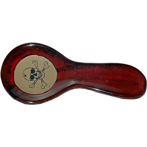 ALWAYS AZUL POTTERY 9.5 Inch Long Spoon Rest in Skull and Crossbones Design and Real Red Glaze - Handmade Pottery Cookware Accessories - Kitchen Countertop Holder for Giant Spatula, Ladle & More