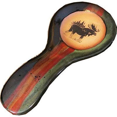 ALWAYS AZUL POTTERY 9.5 Inch Long Spoon Rest in Moose 3 Design and Moonscape Glaze - Handmade Pottery Cookware Accessories - Kitchen Countertop Holder for Giant Spatula, Ladle & More