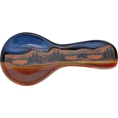 ALWAYS AZUL POTTERY 9.5 Inch Long Spoon Rest in Mountain Scene Design and Azulscape Glaze - Handmade Pottery Cookware Accessories - Kitchen Countertop Holder for Giant Spatula, Ladle & More
