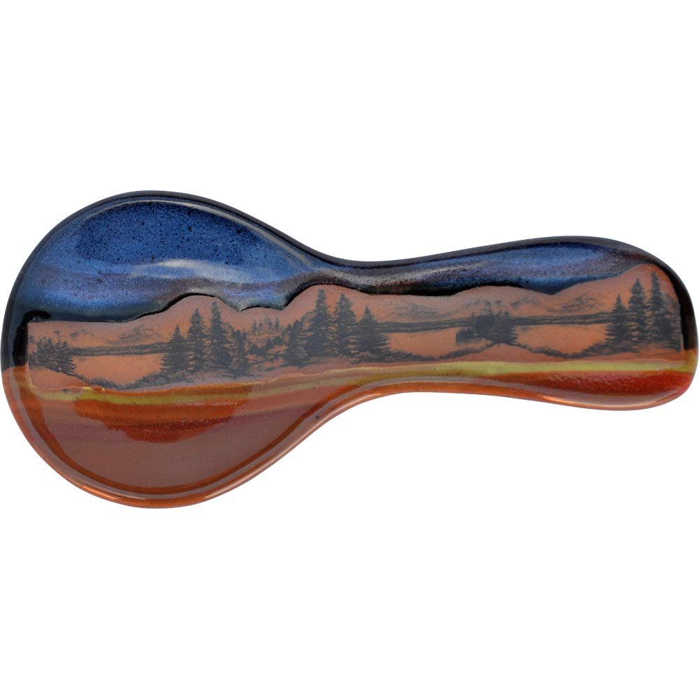ALWAYS AZUL POTTERY 9.5 Inch Long Spoon Rest in Mountain Scene Design and Azulscape Glaze - Handmade Pottery Cookware Accessories - Kitchen Countertop Holder for Giant Spatula, Ladle & More
