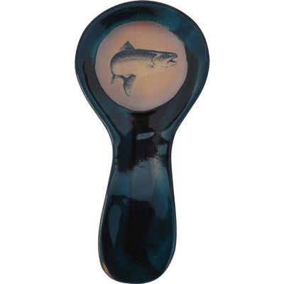 ALWAYS AZUL POTTERY 9.5 Inch Long Spoon Rest in Trout design and Garcia Green Glaze - Handmade Pottery Cookware Accessories - Kitchen Countertop Holder for Giant Spatula, Ladle & More