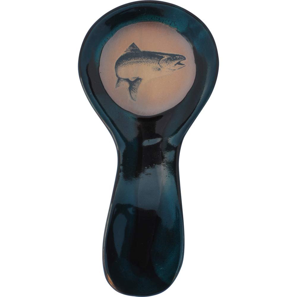 ALWAYS AZUL POTTERY 9.5 Inch Long Spoon Rest in Trout design and Garcia Green Glaze - Handmade Pottery Cookware Accessories - Kitchen Countertop Holder for Giant Spatula, Ladle & More
