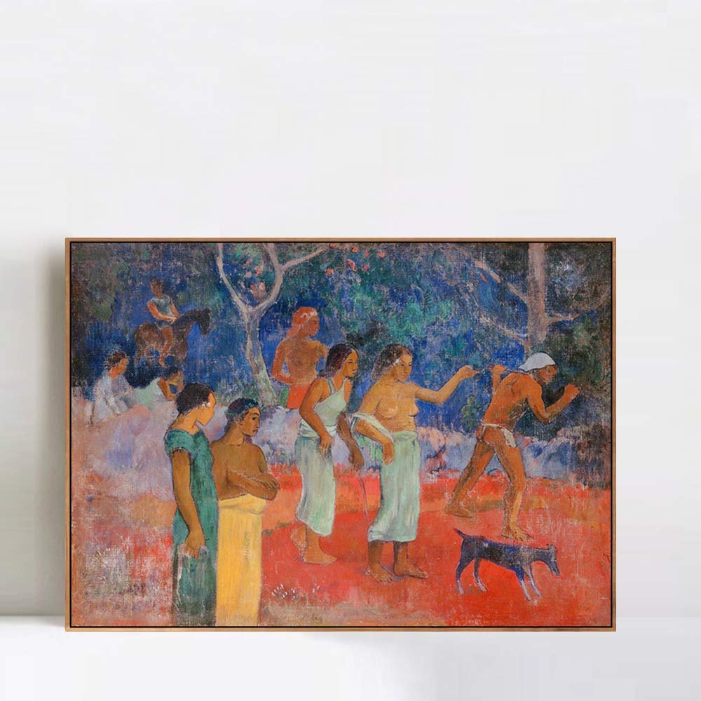 INVIN ART Framed Canvas Giclee Print Art Scene from Tahitian Life by Paul Gauguin Wall Art Living Room Home Office Decorations(Wood Color Slim Frame,20"x28")