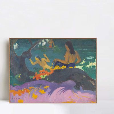 INVIN ART Framed Canvas Giclee Print Art Fatata te Miti (by Sea) by Paul Gauguin Wall Art Living Room Home Office Decorations(Wood Color Slim Frame,20"x24")