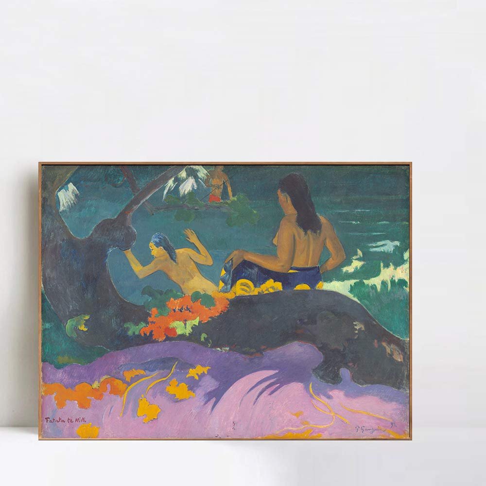 INVIN ART Framed Canvas Giclee Print Art Fatata te Miti (by Sea) by Paul Gauguin Wall Art Living Room Home Office Decorations(Wood Color Slim Frame,20"x24")