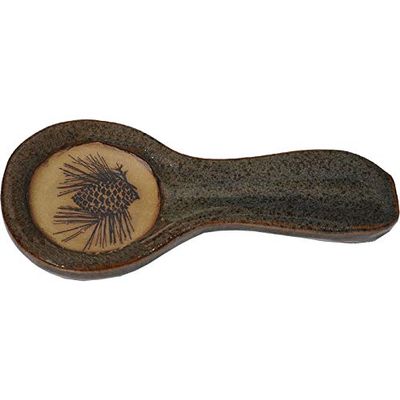 ALWAYS AZUL POTTERY 9.5 Inch Long Spoon Rest in Pinecone 1 Design and Seamist Glaze - Handmade Pottery Cookware Accessories - Kitchen Countertop Holder for Giant Spatula, Ladle & More