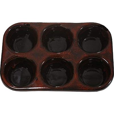 ALWAYS AZUL POTTERY 6 Cup Muffin Pan in Red On Black Glaze - Handmade Durable Stoneware for Baking - Microwavable Bakeware - Pottery Baking Dish for Muffins, Cupcakes & More