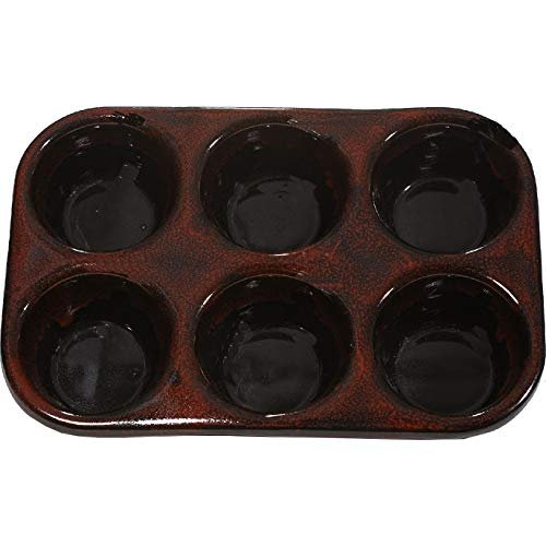ALWAYS AZUL POTTERY 6 Cup Muffin Pan in Red On Black Glaze - Handmade Durable Stoneware for Baking - Microwavable Bakeware - Pottery Baking Dish for Muffins, Cupcakes & More