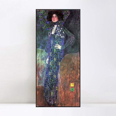 INVIN ART Framed Canvas Wall Art Giclee Print, Portrait of Emilie Floge by Gustav Klimt, Gold Leaf Style Portrait for Living Room Home Office Decorations(Black Slim Frame,22"x48")