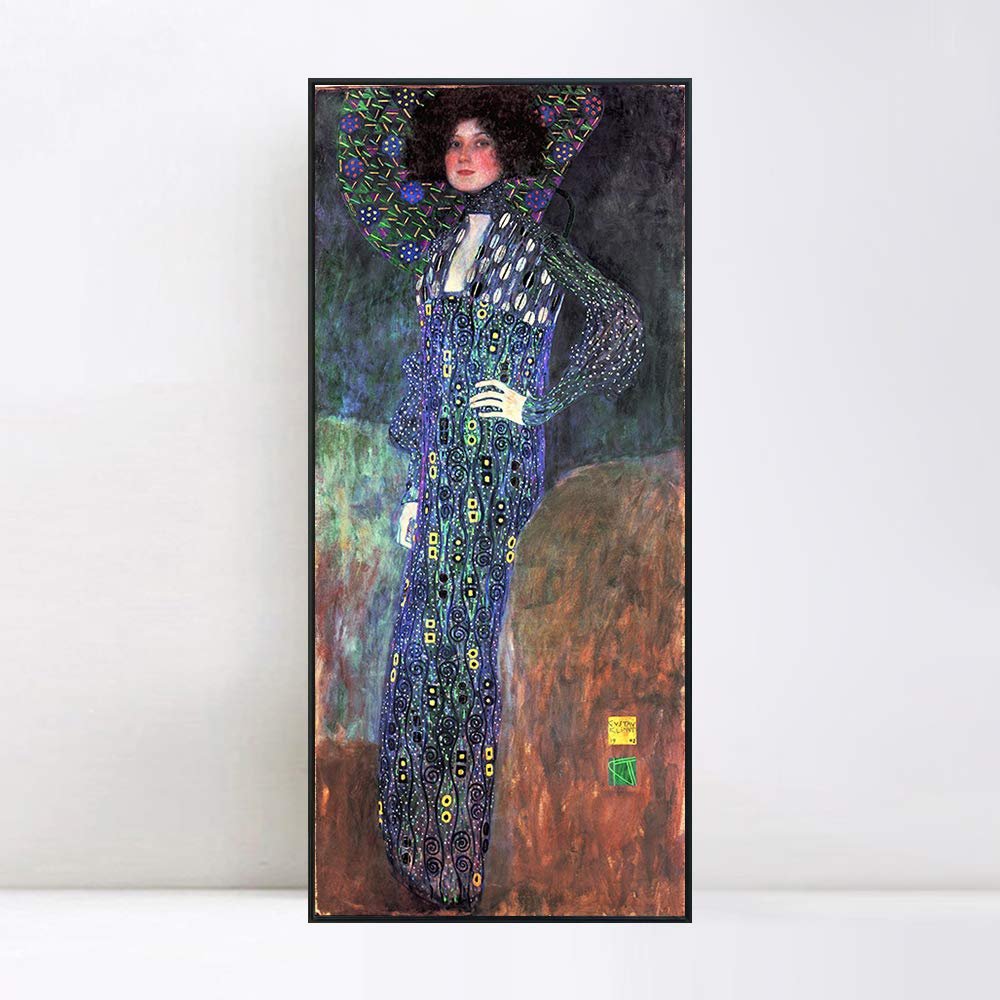 INVIN ART Framed Canvas Wall Art Giclee Print, Portrait of Emilie Floge by Gustav Klimt, Gold Leaf Style Portrait for Living Room Home Office Decorations(Black Slim Frame,22"x48")