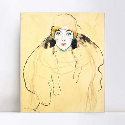 INVIN ART Framed Canvas Giclee Print Art Woman in Yellow by Gustav Klimt Wall Art (20"x24", White Slim Frame)