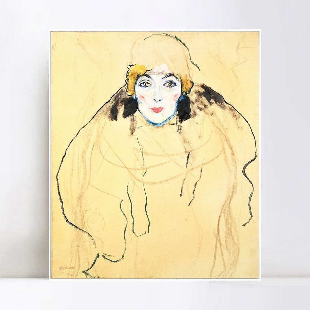 INVIN ART Framed Canvas Giclee Print Art Woman in Yellow by Gustav Klimt Wall Art (20"x24", White Slim Frame)