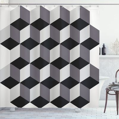 Lunarable Optical Illusion Shower Curtain, 3D Style Geometric Mosaic Architecture Industrial Theme, Cloth Fabric Bathroom Decor Set with Hooks, 69" W x 84" L, Pale Grey Black and Grey