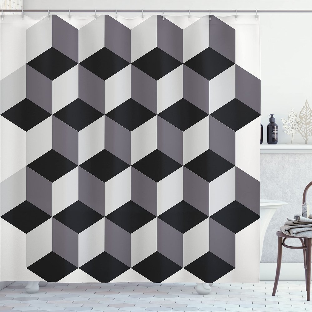 Lunarable Optical Illusion Shower Curtain, 3D Style Geometric Mosaic Architecture Industrial Theme, Cloth Fabric Bathroom Decor Set with Hooks, 69" W x 84" L, Pale Grey Black and Grey