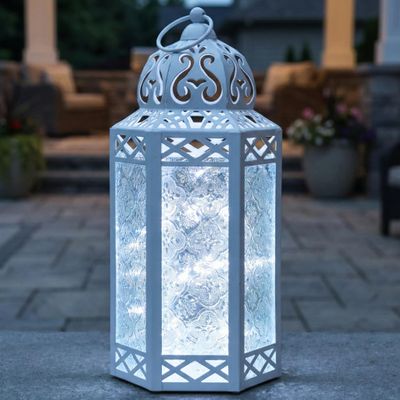12 White Metal Moroccan Decorative Candle Lantern with LED Twinkle Fairy Lights & Remote Wedding Table Centerpieces, Indoor Home Decor, Outdoor Patio & Porch, Large