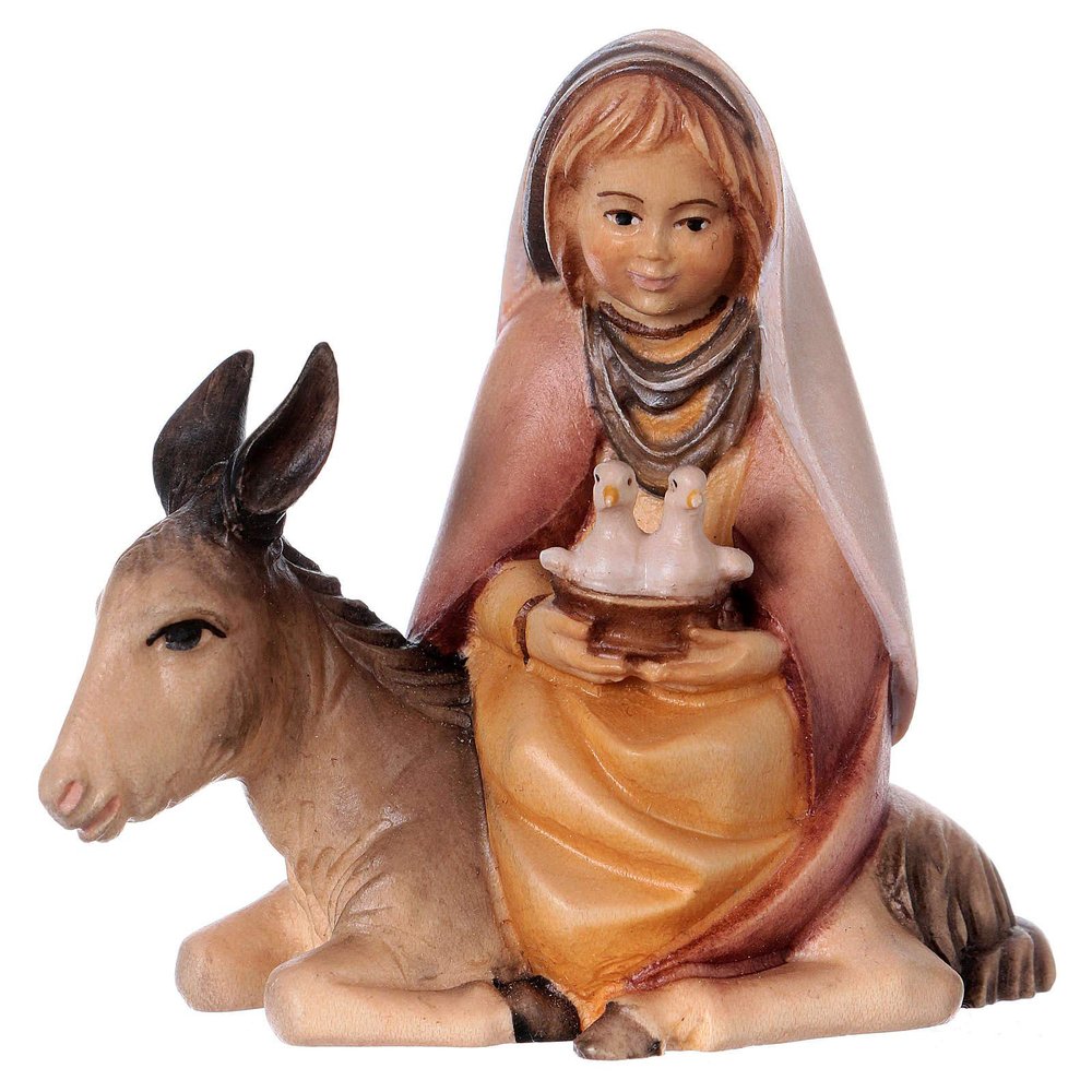 Holyart Young Girl with Doves on Donkey, 12 cm Nativity Original Comet Model, in Painted Valgardena Wood