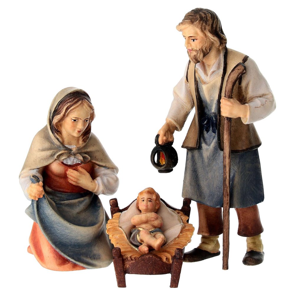 Holy Family with Baby in Manger, 10 cm Nativity Original Shepherd Model, in Painted Valgardena Wood