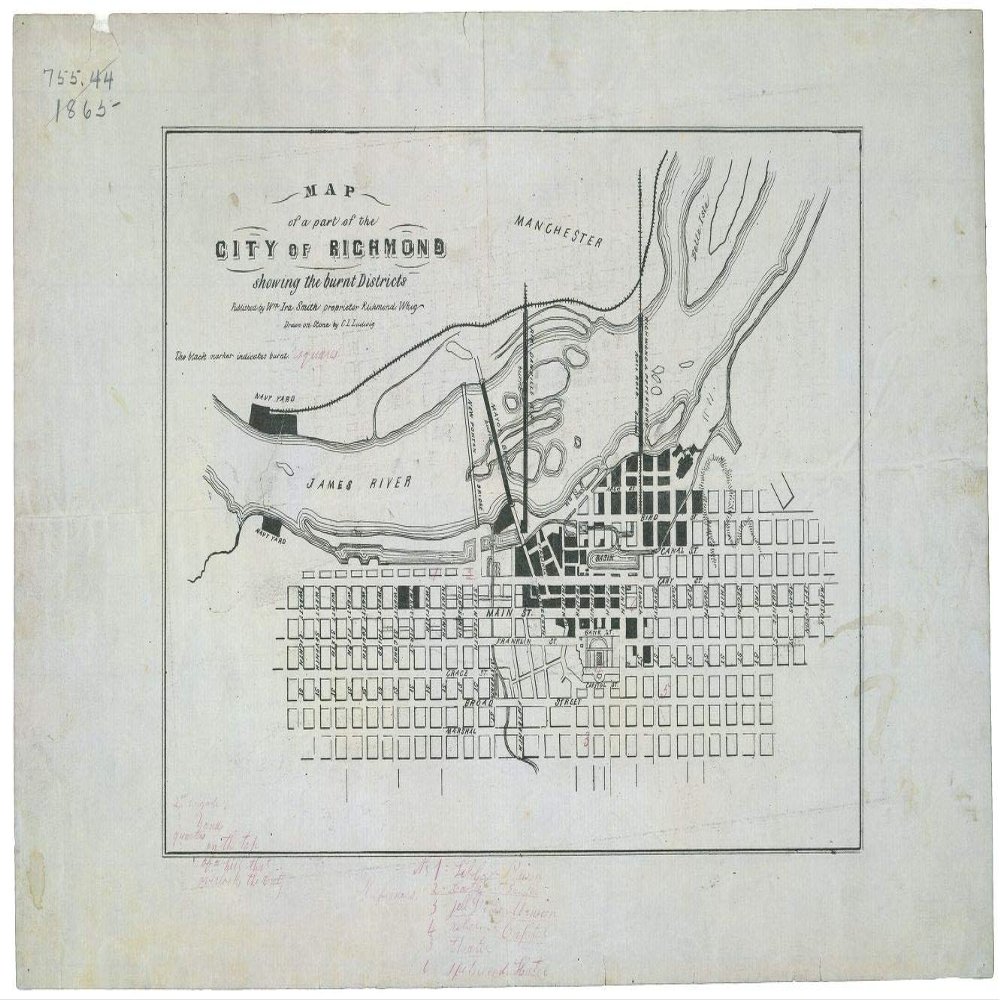 14" x 24" 1865 Map of A Part of The City of Richmond Showing The Burnt Districts