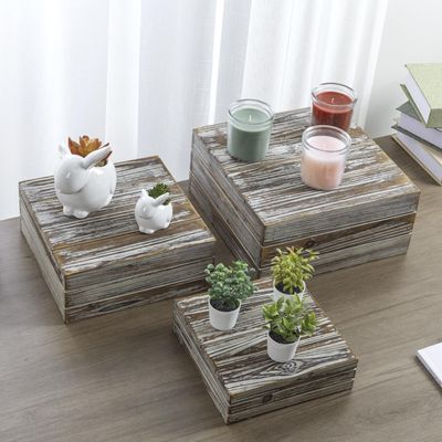 MyGift 3 Piece Rustic Solid Torched Wood Dessert Cake and Cupcake Stand, Decorative Box Display Risers