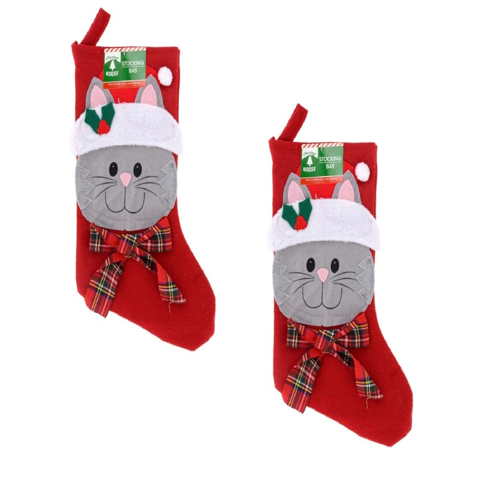 Christmas House 16.5" Pet Holiday Stocking Cat or Dog with Plaid Bow (Cat, 2)