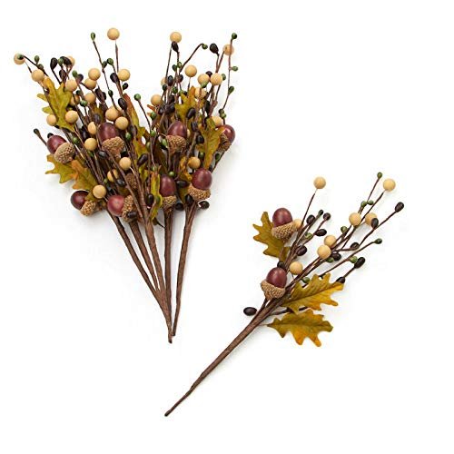 Factory Direct Craft Cream and Green Berry Acorn Oak Leaf Picks | Set of 6