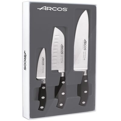 Arcos Forged Knife 3 pieces Nitrum Stainless Steel. Ergonomic Polyoxymethylene POM Handle. Series Riviera. Thin blade with a smooth edge. Black Color.