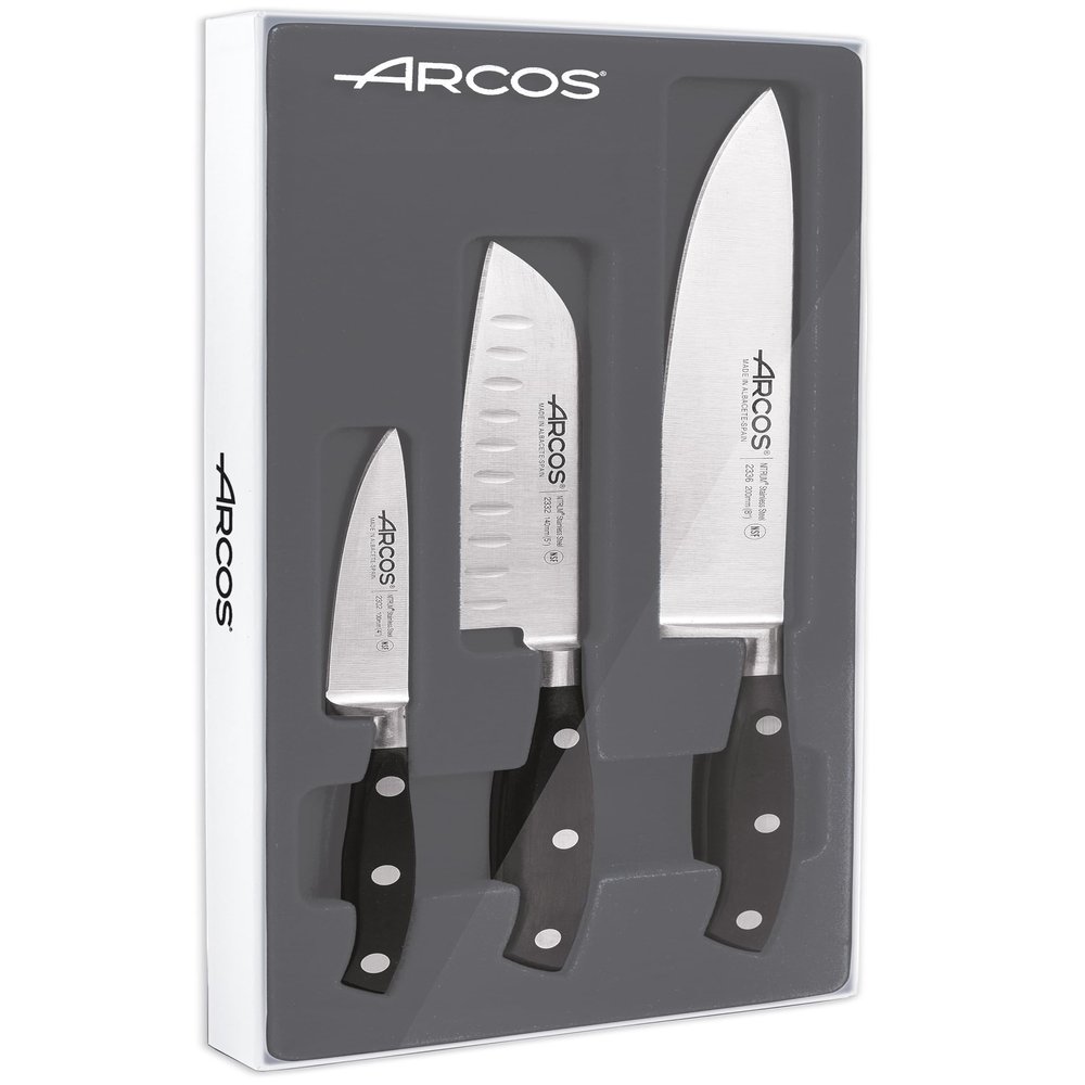 Arcos Forged Knife 3 pieces Nitrum Stainless Steel. Ergonomic Polyoxymethylene POM Handle. Series Riviera. Thin blade with a smooth edge. Black Color.