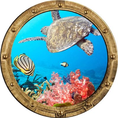 Stickit Graphix 18" Porthole 3D Window Wall Decal Tropical Reef Life #1 Rustic Port Scape Sea Turtle Coral Reef Ocean Under The Sea Removable Vinyl Sticker