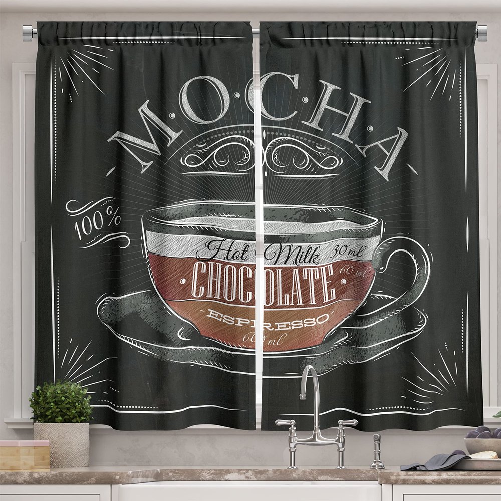 Lunarable Coffee Kitchen Curtains, Mocha Cup Hot Chocolate Espresso Old Fashioned Italian Chalkboard Design, Window Drapes 2 Panel Set for Kitchen Cafe Decor, 55" X 39", Grey Black