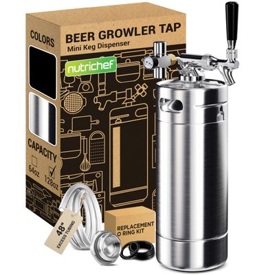 NutriChef Pressurized Growler Tap System, 128oz Stainless Steel Mini Keg Dispenser Portable Kegerator Kit, Co2 Pressure Regulator Keeps Carbonation for Craft Beer, Draft and Homebrew
