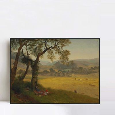 INVIN ART Framed Canvas Giclee Print Art People under the big trees by Albert Bierstadt Wall Art Living Room Home Office Decorations(Black Slim Frame,20"x24")