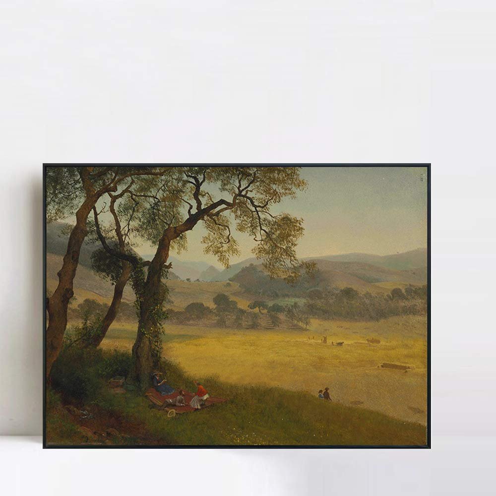 INVIN ART Framed Canvas Giclee Print Art People under the big trees by Albert Bierstadt Wall Art Living Room Home Office Decorations(Black Slim Frame,20"x24")