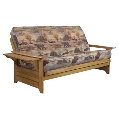 Lakefront Complete Futon - Frame and Mattress Set - Arm Tray, 8" Innerspring Full Size Sofa Bed Sleeper (Kodiak Bear, Full)